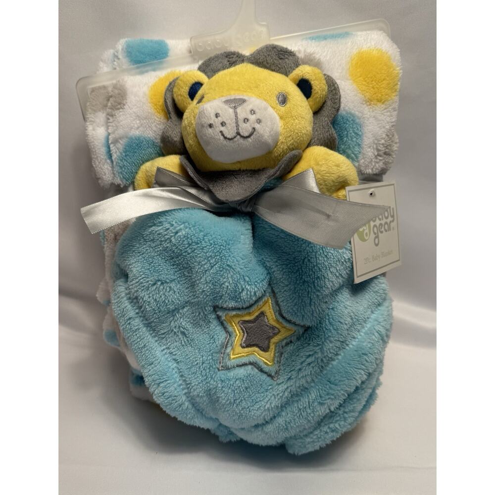 Baby Gear Lion Fleece Baby Blanket‎ and Lovey Gift Set Blue Yellow White New